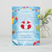 Rote und blaue kühne Poolparty Einladung (Stehend Vorderseite)