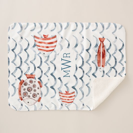 Rote und blaue Monogramm von Aquarellfischen Sherpadecke (Vorderseite (Horizontal))