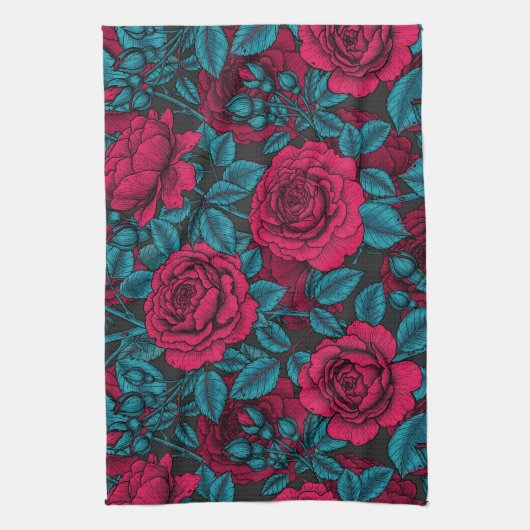 Rote und blaue Rose Geschirrtuch (Vertikal)