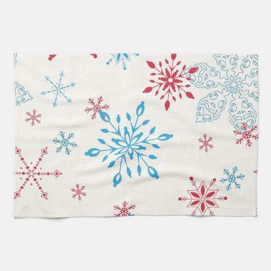 Rote und blaue Schneeflocken auf weißem Hintergrun Geschirrtuch (Horizontal)