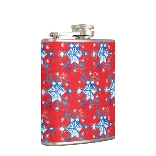 Rote und blaue Schneeflocken und Sterne Flachmann (Rechts)