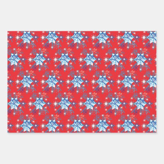 Rote und blaue Schneeflocken und Sterne Geschenkpapier Set (Vorderseite)