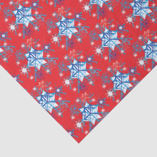 Rote und blaue Schneeflocken und Sterne Seidenpapier (Ausschnitt)