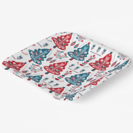 Rote und blaue skandinavische Weihnachtsbaumkunst Pappteller (Gewinkelt)