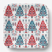 Rote und blaue skandinavische Weihnachtsbaumkunst Pappteller (Vorderseite)