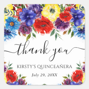 Rote und blaue Sommerblumen Quinceanera Quadratischer Aufkleber