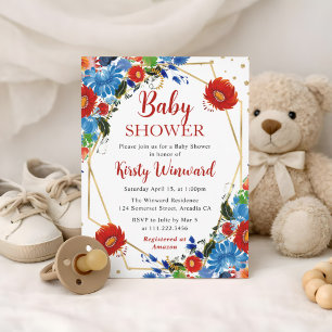 Rote und blaue Sommerblumen-Rahmen-Baby-Party Einladung