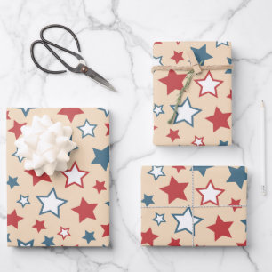 Rote und blaue Sterne, 4. Juli, beiger Hintergrund Geschenkpapier Set