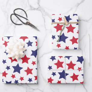 Rote und blaue Sterne, 4. Juli, weißer Hintergrund Geschenkpapier Set