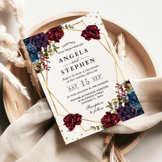 Rote und Blaue Winter Blume Goldrahmen Hochzeit Einladung