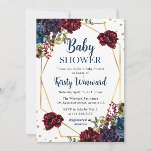 Rote und blaue Winterblumen-Rahmen-Baby-Party Einladung