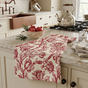 Rote und cremefarbene Tulpen-Toile - Französische  Geschirrtuch