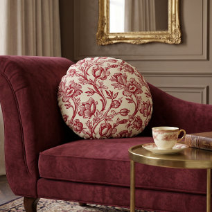 Rote und cremefarbene Tulpen-Toile - Französische Rundes Kissen