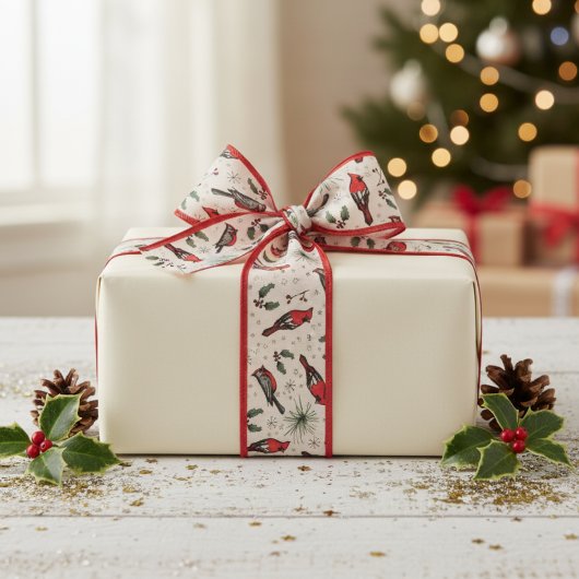 Rote und Elfenbeinroter Kardinal Vögel und Holly P Ripsband