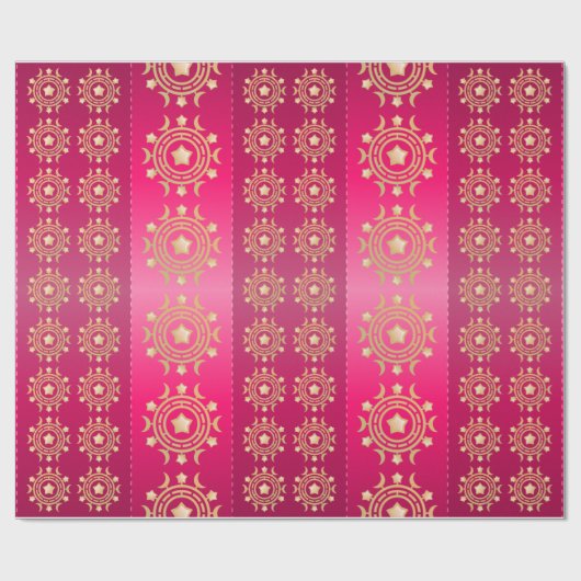 Rote und Fuchsia Streifen mit Goldmonden und -star Geschenkpapier (Flach)