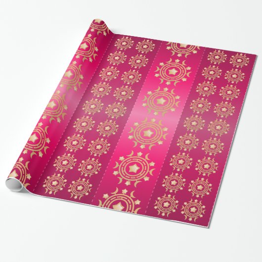 Rote und Fuchsia Streifen mit Goldmonden und -star Geschenkpapier (Ungerollt)