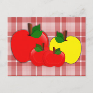 Rote und gelbe Äpfel auf rotem Karo Postkarte