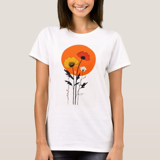 Rote und gelbe Blumen mit Sonne T-Shirt (Vorderseite)