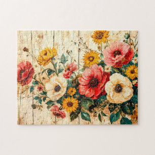 Rote und gelbe Gartenblumen auf Holz Puzzle