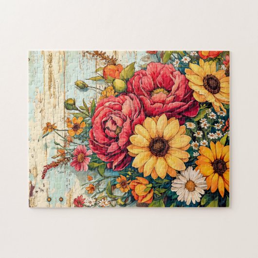 Rote und gelbe Gartenblumen auf Holz Puzzle (Horizontal)