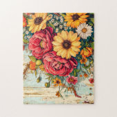 Rote und gelbe Gartenblumen auf Holz Puzzle (Vertikal)