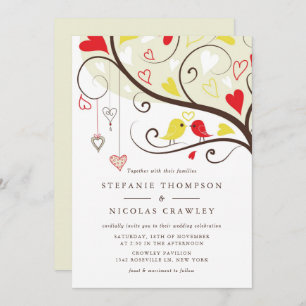 Rote und gelbe Lovebirds Einladung zur Hochzeit