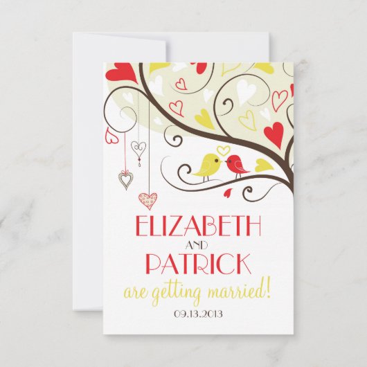 Rote und gelbe Lovebirds UAWG Wedding Card lädt ei RSVP Karte (Rückseite)