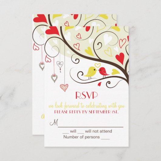 Rote und gelbe Lovebirds UAWG Wedding Card lädt ei RSVP Karte (Vorne/Hinten)
