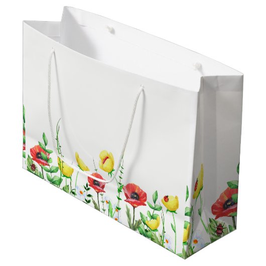 Rote und gelbe Pupien Blumendesign Große Geschenktüte (Vorderseite Schrägansicht)