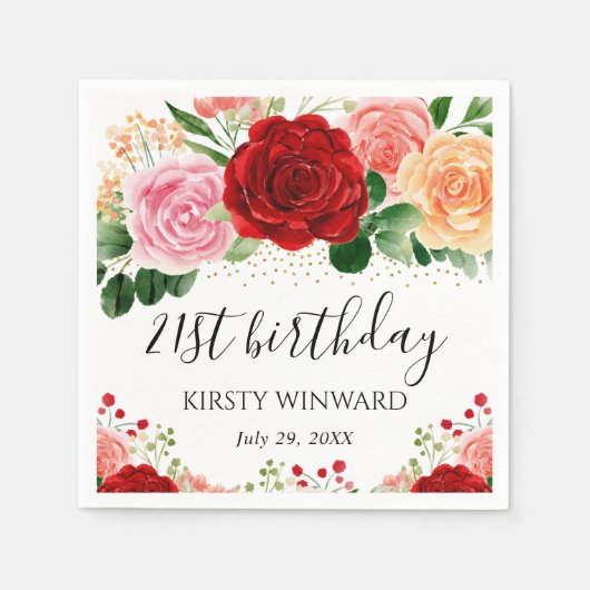 Rote und gelbe Rosen zum Geburtstag Serviette (Vorderseite)