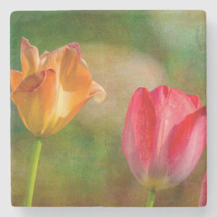 Rote und gelbe Tulpen auf texturiertem Hintergrund Steinuntersetzer