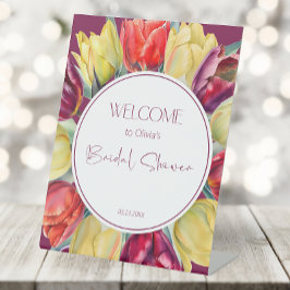 Rote und gelbe Tulpen Brautparty Empfang Sockelschild