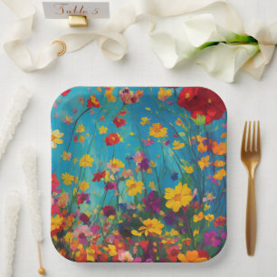 Rote und gelbe Wildblumen mit fett Aquamarinem Hin Pappteller