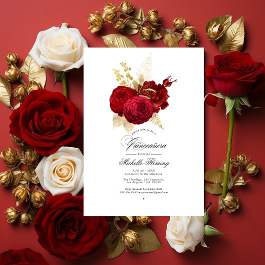 Rote und Gold Vintage Rose Quinceñera Einladung