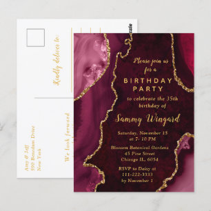 Rote und goldene Achat-Marmor-Geburtstagsfeier Postkarte