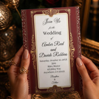 Rote und goldene Art-déco-Hochzeitseinladung Einladung