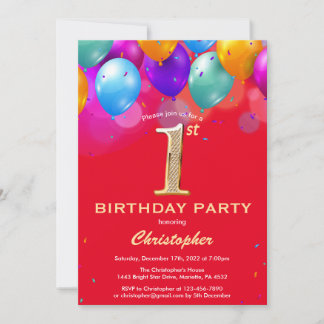 Rote und goldene Ballons zum 1. Geburtstag Einladung