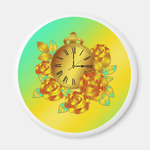 Rote und goldene Blume und antike Uhr Magnet