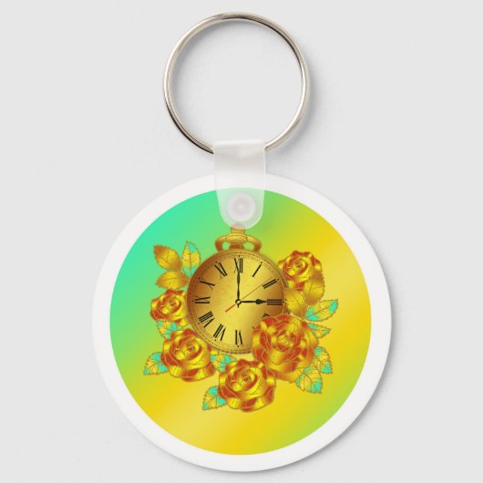 Rote und goldene Blume und antike Uhr Schlüsselanhänger (Vorderseite)
