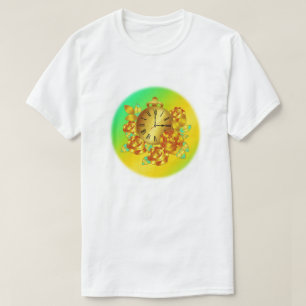 Rote und goldene Blume und antike Uhr T-Shirt