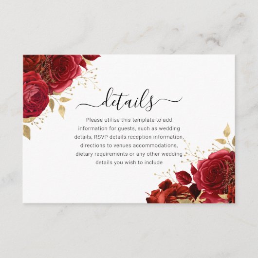 Rote und goldene Blumenzwiebeln oder Hochzeitsdeta Begleitkarte