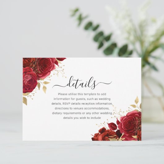 Rote und goldene Blumenzwiebeln oder Hochzeitsdeta Begleitkarte (Stehend Vorderseite)