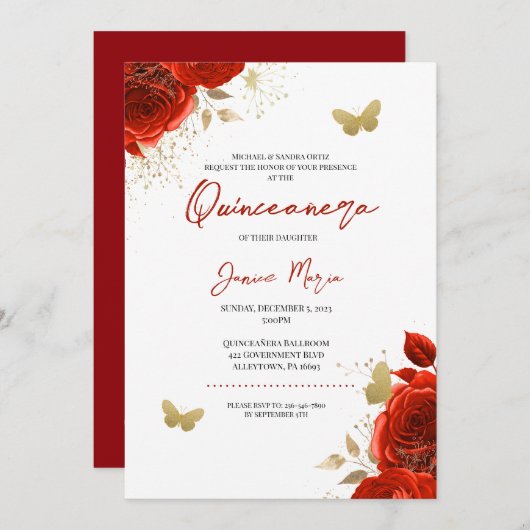 Rote und goldene Blütenschmetterlinge Elegantes Qu Einladung (Vorne/Hinten)