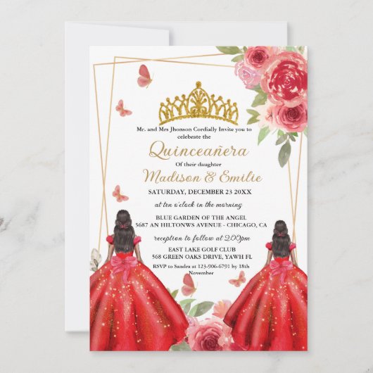 Rote und goldene Blütenschmetterlinge - Zwillingss Einladung (Vorderseite)