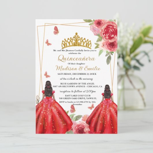 Rote und goldene Blütenschmetterlinge - Zwillingss Einladung (Stehend Vorderseite)