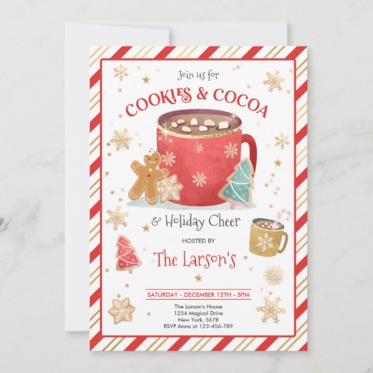 Rote und goldene Cookies und heiße Kakao-Feier Einladung (Vorderseite)
