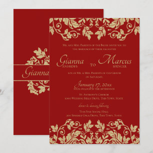 Rote und goldene Damast-Emblem-Hochzeit Einladung