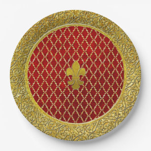 Rote und goldene Fleur-de-lis Pappteller