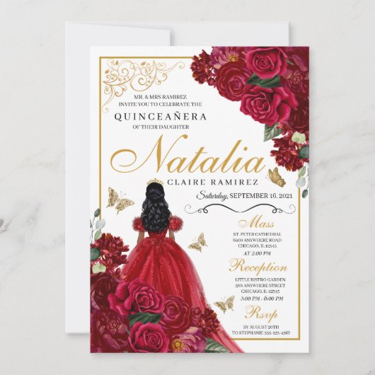 Rote und goldene Flora Quinceanera Einladung zum G (Vorderseite)