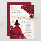 Rote und goldene Flora Quinceanera Einladung zum G (Vorne/Hinten)